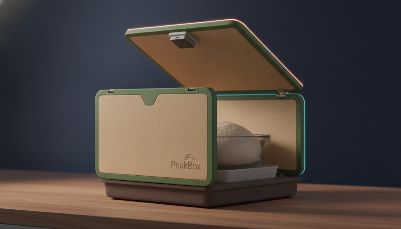 PeakBox proofing chamber on a kitchen counter, lid sensor over a rising loaf